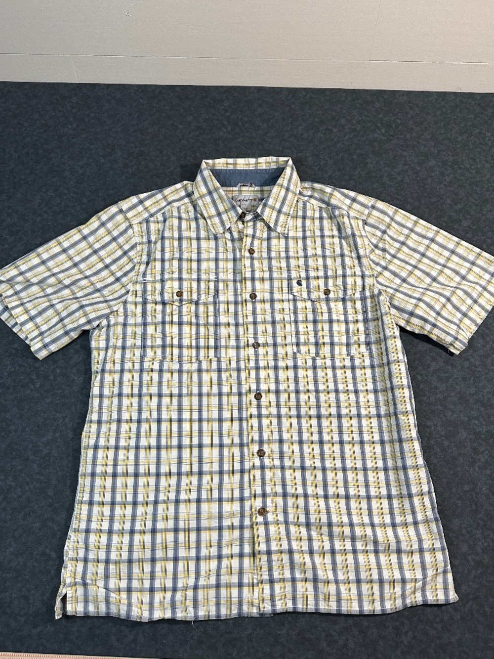 Carhartt Men's Relaxed Fit Short Sleeve Blue and Yellow Plaid Button Down Shirt
